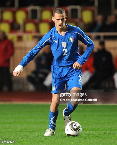 Leonardo Bonucci of Italy in action during the International Friendly match between Italy and Cameroon at Louis II Stadium on March 3, 2010 in...