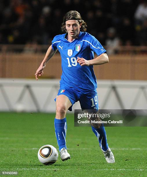 Riccardo Montolivo of Italy in action during the International Friendly match between Italy and Cameroon at Louis II Stadium on March 3, 2010 in...