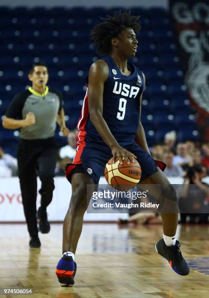 Tyrese Maxey of the United States dribbles the ball during the first half of a FIBA U18 Americas Championship group phase game against Puerto Rico at...