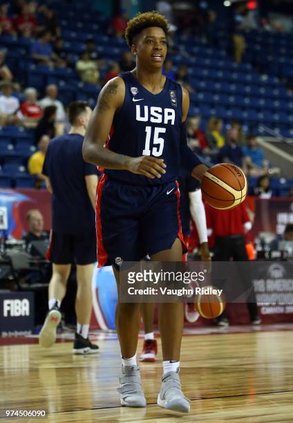 Armando Bacot of the United States dribbles the ball during the second half of a FIBA U18 Americas Championship group phase game against Puerto Rico...