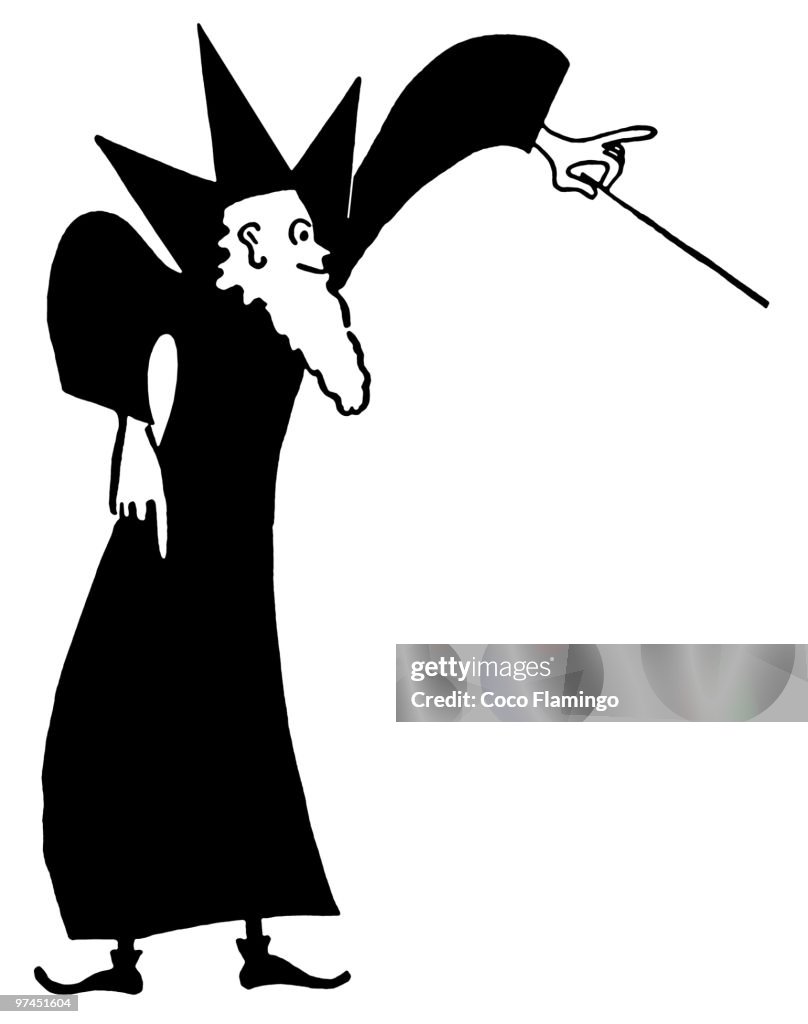 A black and white version of a whimsical wizard