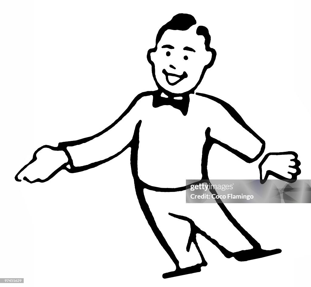 A black an white version of a cartoon style drawing of a man dressed in a lounge suit pointing his f