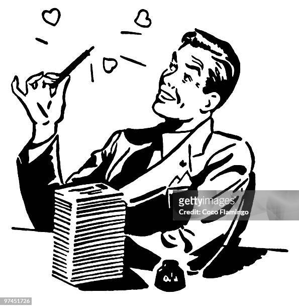ilustraciones, imágenes clip art, dibujos animados e iconos de stock de a black and white version of a graphic illustration of man sitting at his desk with an ink pen and l - flamingo heart