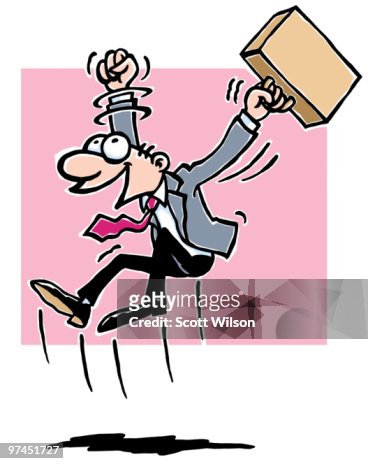 A Cartoon Drawing Of A Business Man With A Briefcase Jumping Happily In The  Air High-Res Vector Graphic - Getty Images