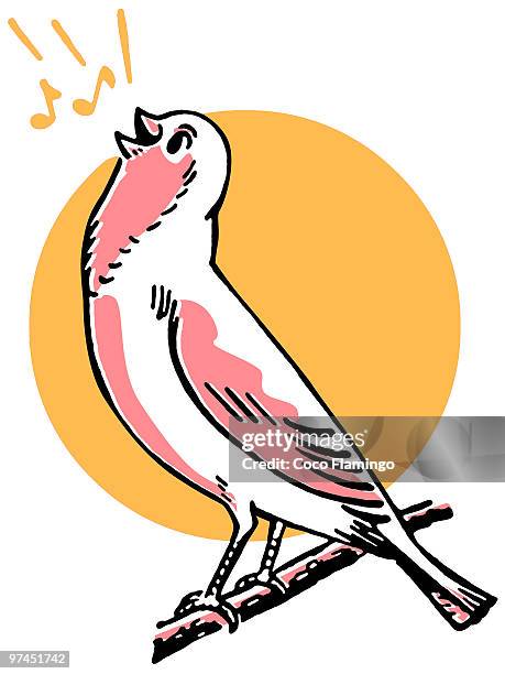 a bird sitting on a tree branch singing situated in front of the sun - sun perch stock illustrations