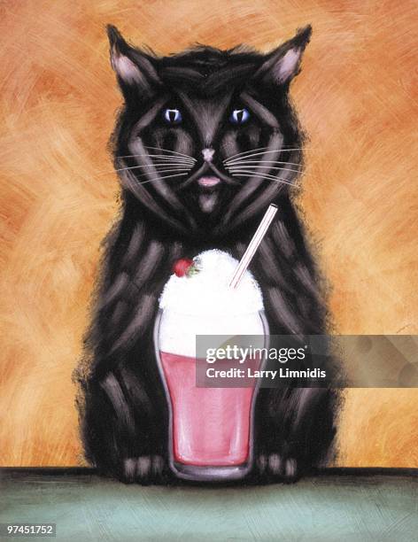 an illustration of a black cat drinking a milkshake - strawberry milkshake and nobody stock illustrations