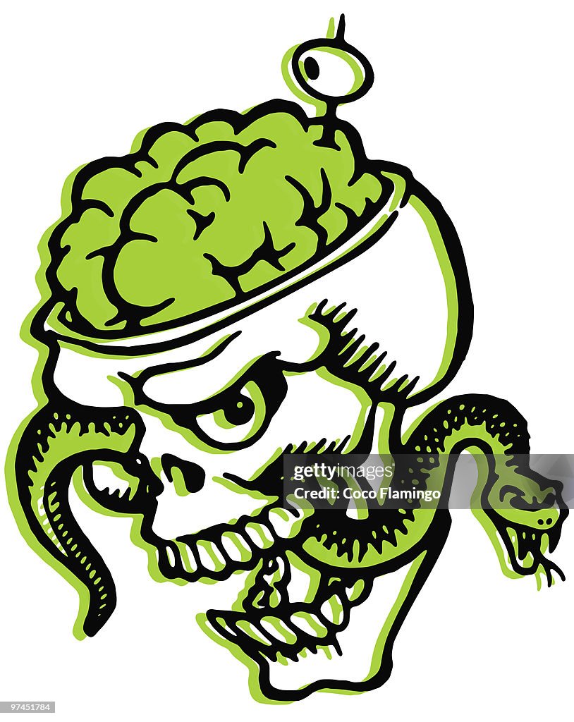 A skull with bulging brains and a snake and olive filled tooth pick