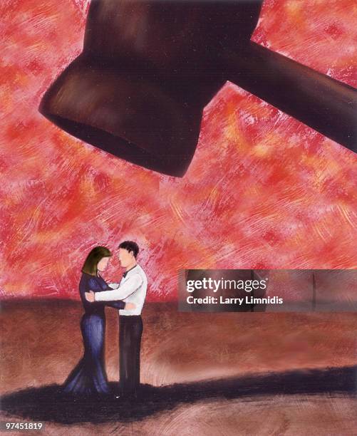 a drawing of a man and woman underneath a large hammer - impending danger stock illustrations