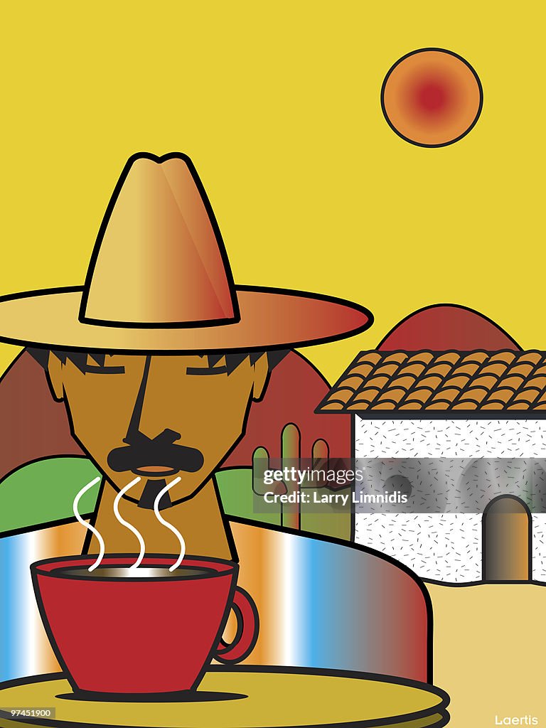 A drawing of a man in Mexico drinking a hot drink