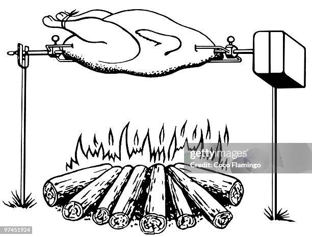 a black and white version of an illustration of a chicken roasting on an open fire - 串焼き点のイラスト素材／クリップアート素材／マンガ素材／アイコン素材