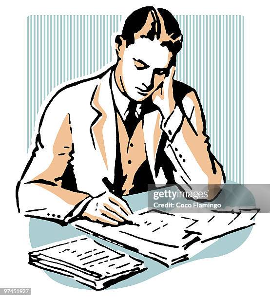 a graphic illustration of a business man working hard at his desk - coco brown stock illustrations