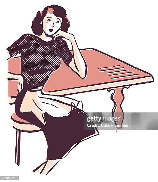 a vintage portrait illustration - bored housewife stock-grafiken, -clipart, -cartoons und -symbole