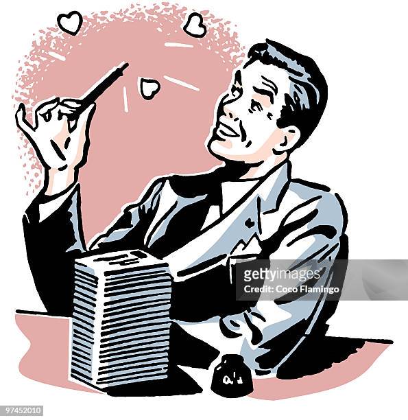 ilustraciones, imágenes clip art, dibujos animados e iconos de stock de a graphic illustration of man sitting at his desk with an ink pen and large pile of letters - flamingo heart