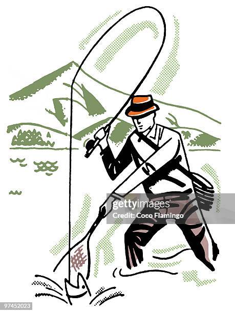 a vintage image of a man fishing - wading stock illustrations stock illustrations