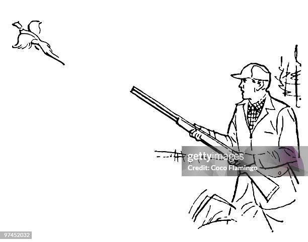 a black and white version of a man out duck hunting - bird hunting stock illustrations