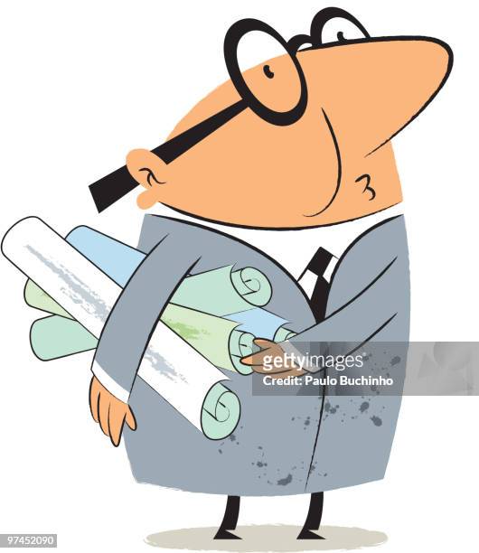 a man with glasses holding plans rolled under his arm - buchinho stock-grafiken, -clipart, -cartoons und -symbole