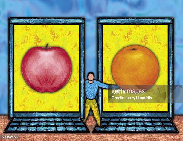 ilustraciones, imágenes clip art, dibujos animados e iconos de stock de an illustration of two laptop computers with an apple and an orange on the screens and a small figur - figur
