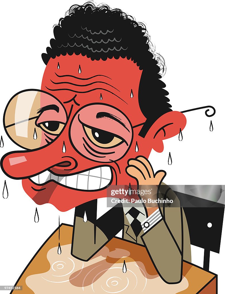 An illustration of a red faced man sweating