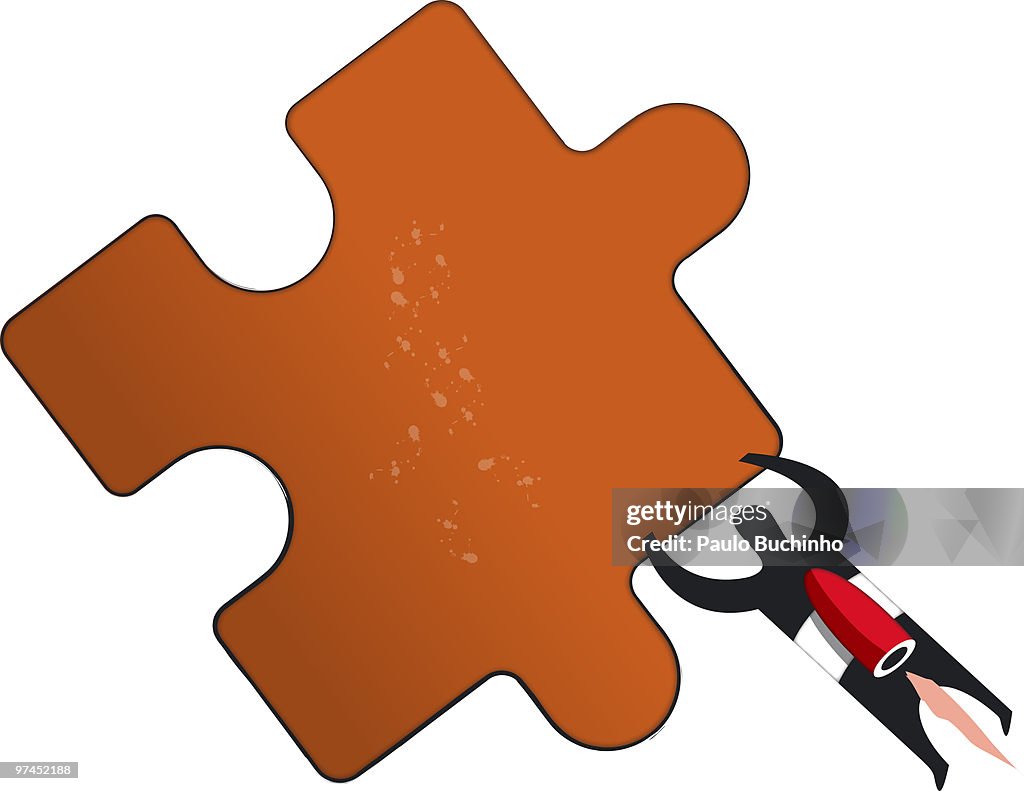 An illustration of a figure with a rocket strapped to his back moving a puzzle piece