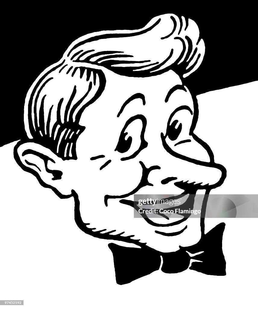 A black and white version of a cartoon style vintage drawing of a man