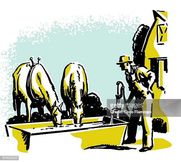 a vintage illustration of a ranch - horse trough stock illustrations