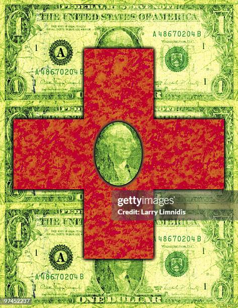 a collage of a red cross on top of three one dollar bills - 赤十字社点のイラスト素材／クリップアート素材／マンガ素材／アイコン素材