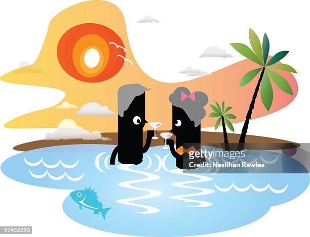stockillustraties, clipart, cartoons en iconen met two figures bathing in the sea whilst sipping cocktails with palm trees and a setting sun in the bac - drinking water glass woman