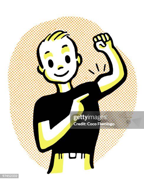 a cartoon style drawing of a young man with bilging muscles - arm muscle cartoon stock illustrations
