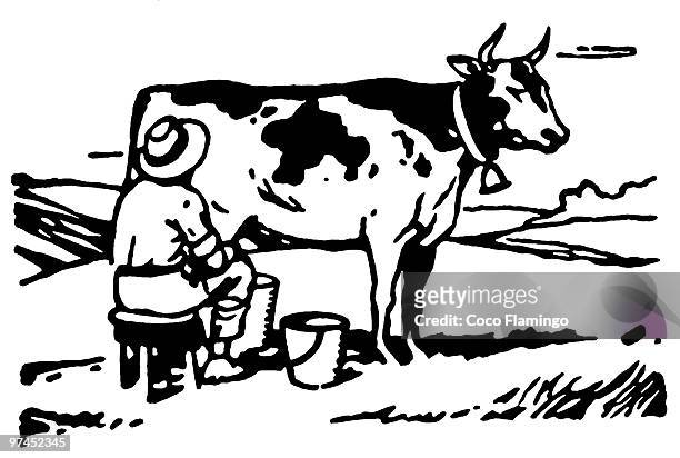 a black and white version of a man milking a cow in a field - paddock stock illustrations