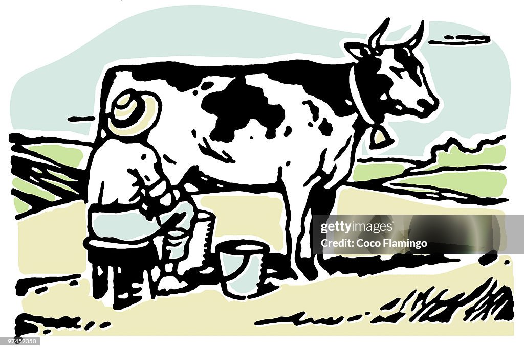 A man milking a cow in a field