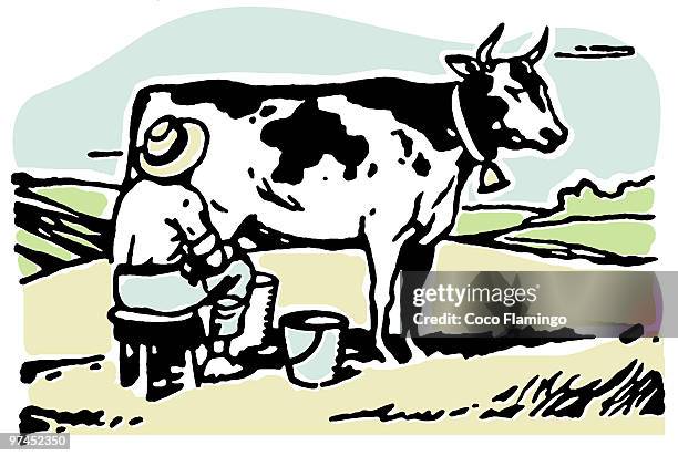 a man milking a cow in a field - milking stock illustrations