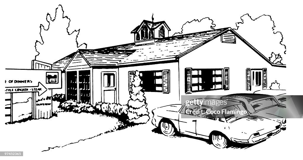 A black and white version of a vintage illustration of a suburban home