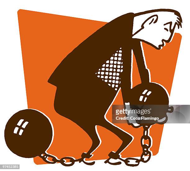 an illustration of a man carrying a ball and chain - coco brown stock illustrations
