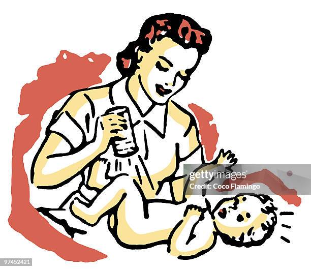 a mother changing a young childs diaper - french chalk stock illustrations