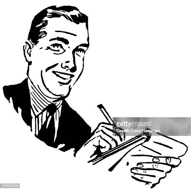 a black and white version of a business man writing in a notebook - diktieren stock-grafiken, -clipart, -cartoons und -symbole