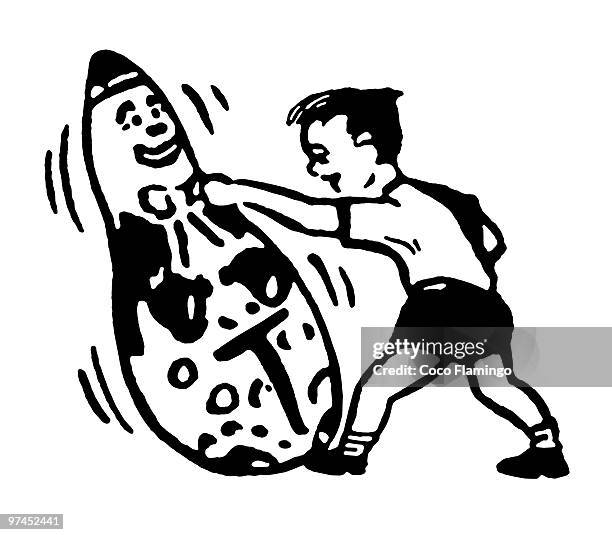 a young boy punching with a large clown - punch clown stock illustrations