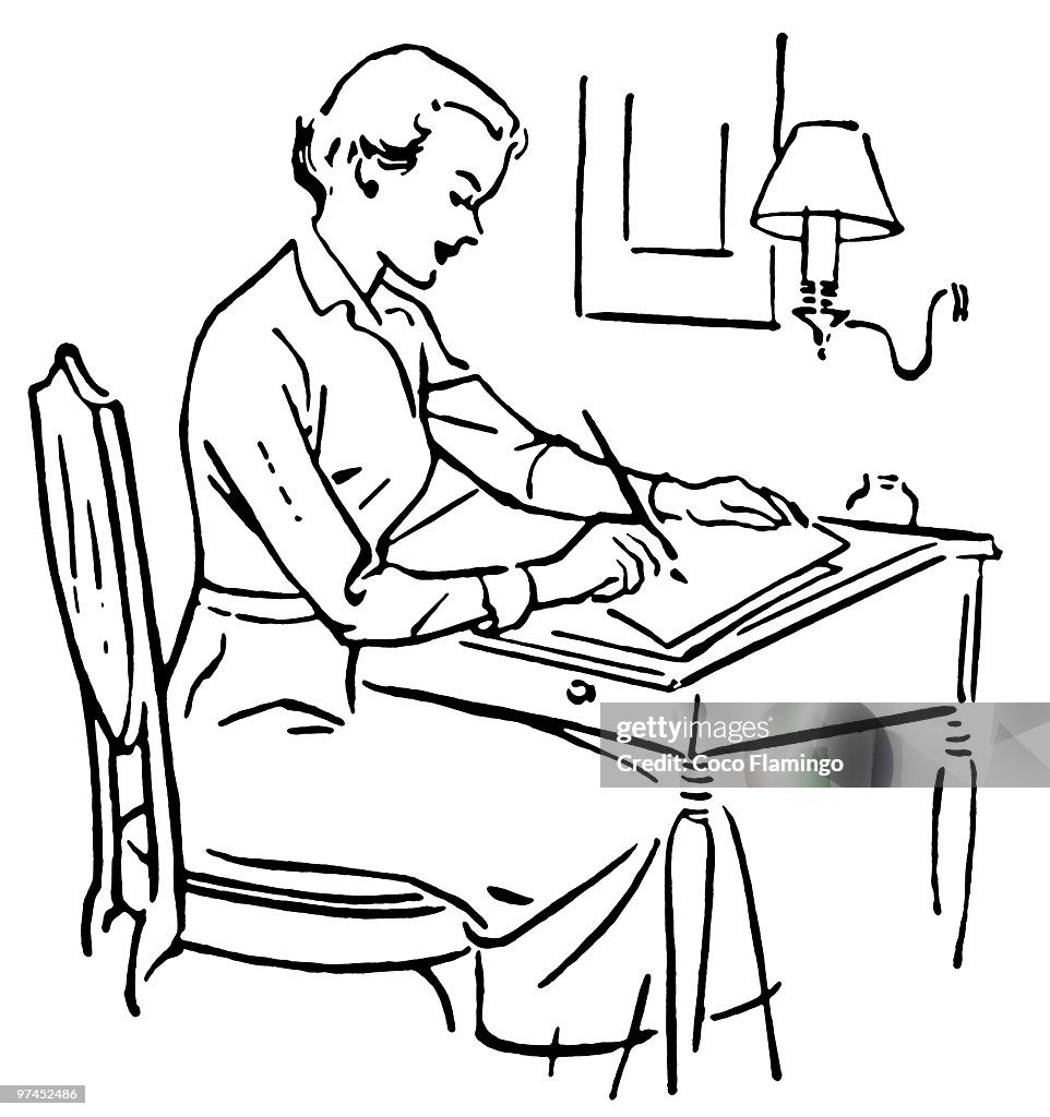 A black and white version of a line drawing of a woman at a writing desk