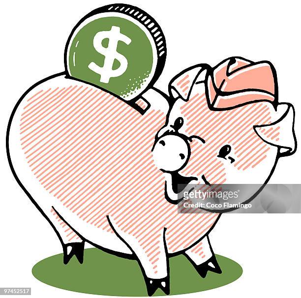 a happy looking piggy bank with a large dollar - loonie stock illustrations