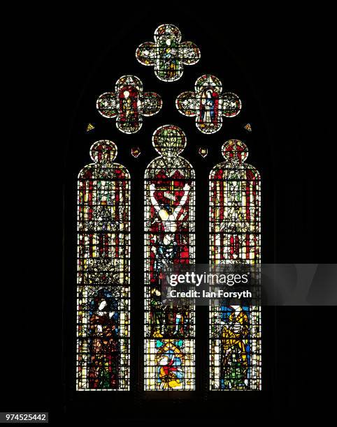 Detail of a stained glass window in York Minster ahead of a media call for the Northern Lights sound and light projection in York Minster on June 14,...