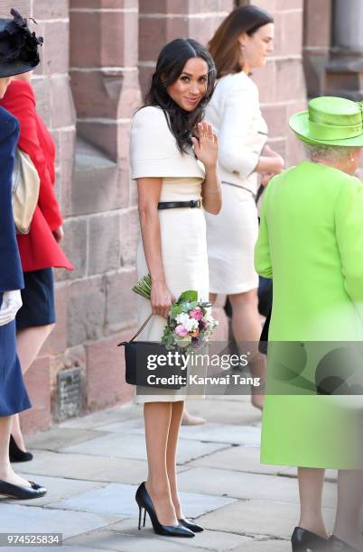 Meghan, Duchess of Sussex departs Chester Town Hall, where she attended lunch with Queen Elizabeth II as guests of Chester City Council on June 14,...