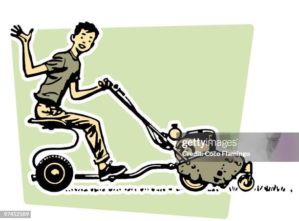 a young boy waving happily from a ride on mower - riding lawn mower stock illustrations