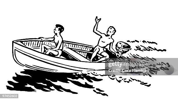 a black and white version of two young boys enjoying a boat ride - motorboot see stock-grafiken, -clipart, -cartoons und -symbole