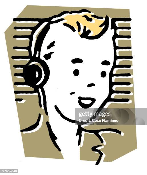 portrait of boy wearing headphones and smiling - headshot gray background stock illustrations