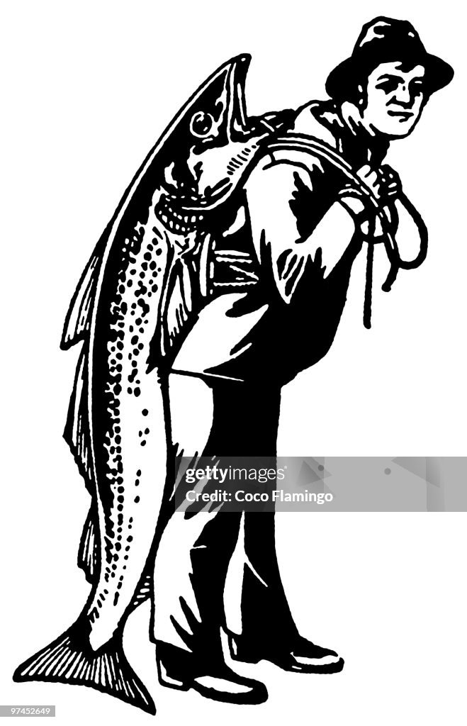 A black and white version of a man carrying a fish almost as big as he is