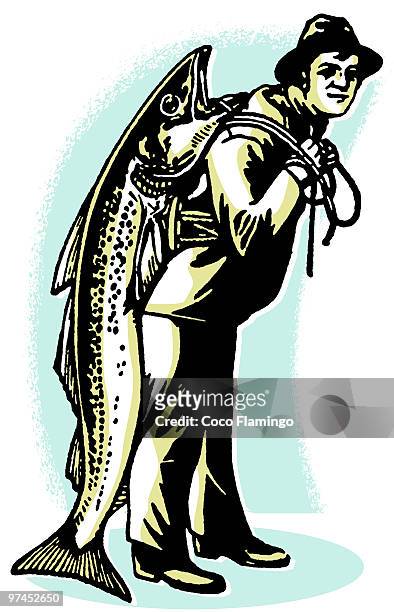 a man carrying a fish almost as big as he is - big fish stock illustrations