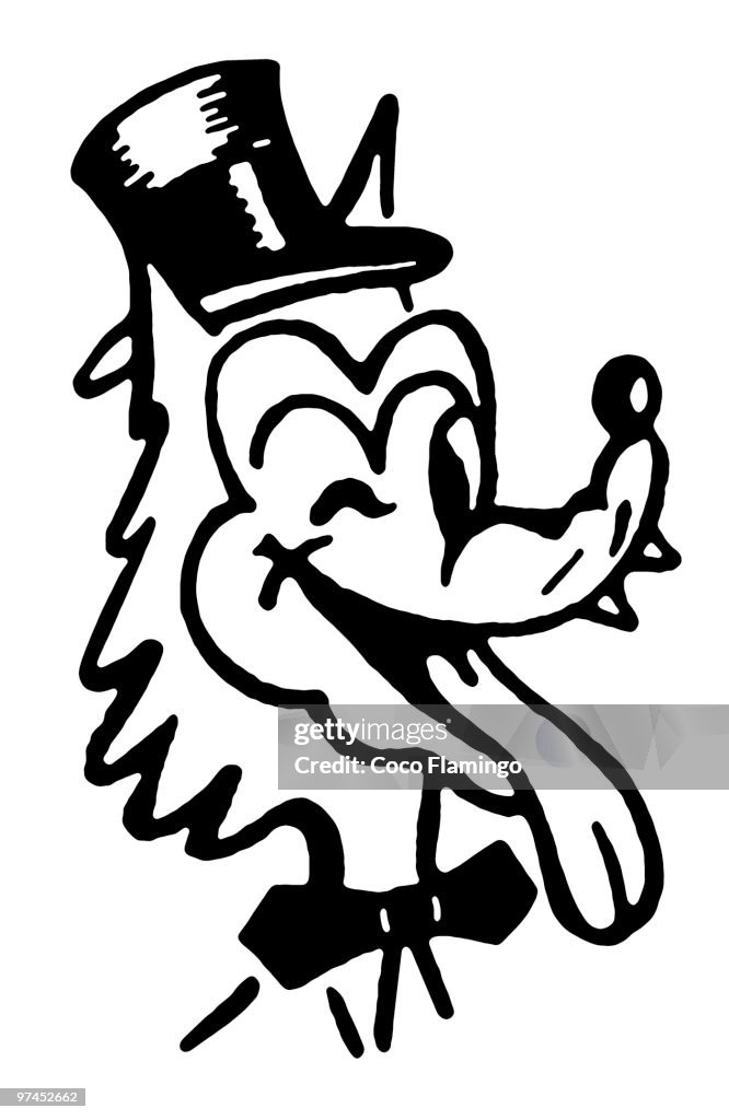 A black and white version of a winking wolf wearing a top hat