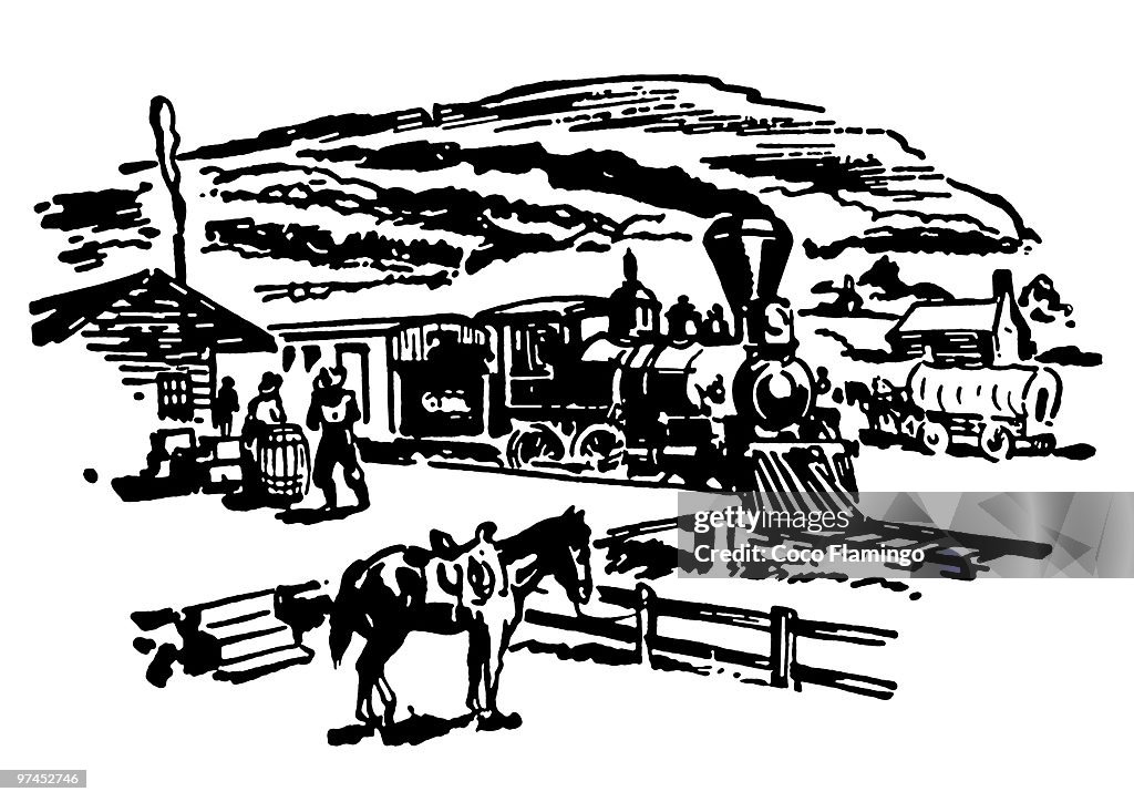 A black and white version of a vintage image of a ranch