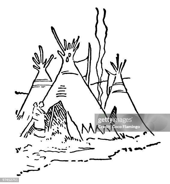 stockillustraties, clipart, cartoons en iconen met a black and white version of a vintage image of tee-pee huts - rooksignaal