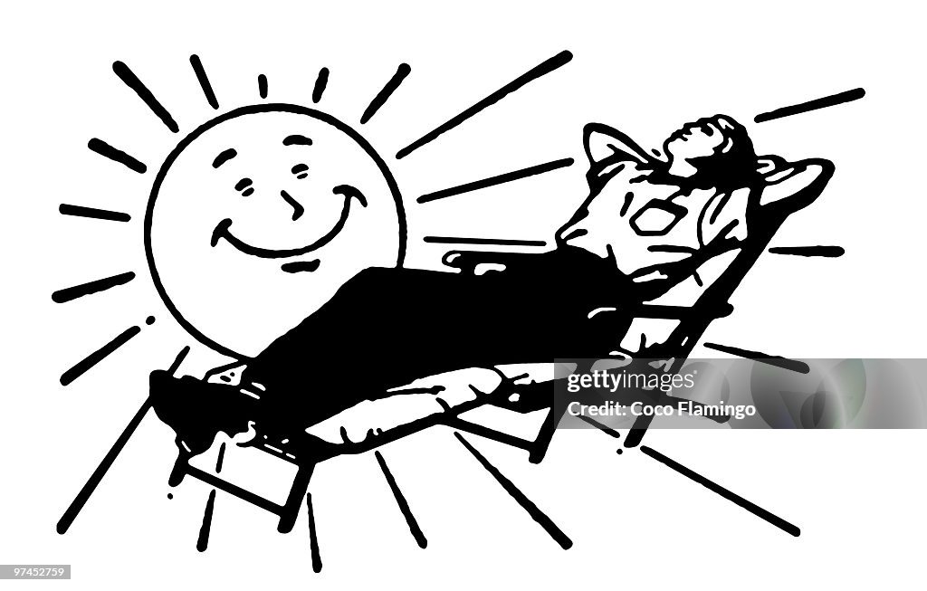 A Black And White Version Of A Cartoon Sun Shining Over A Person Basking In  The Sun High-Res Vector Graphic - Getty Images
