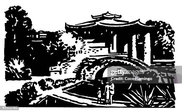 a black and white version of a vintage illustration of japanese gardens - oriental garden stock illustrations